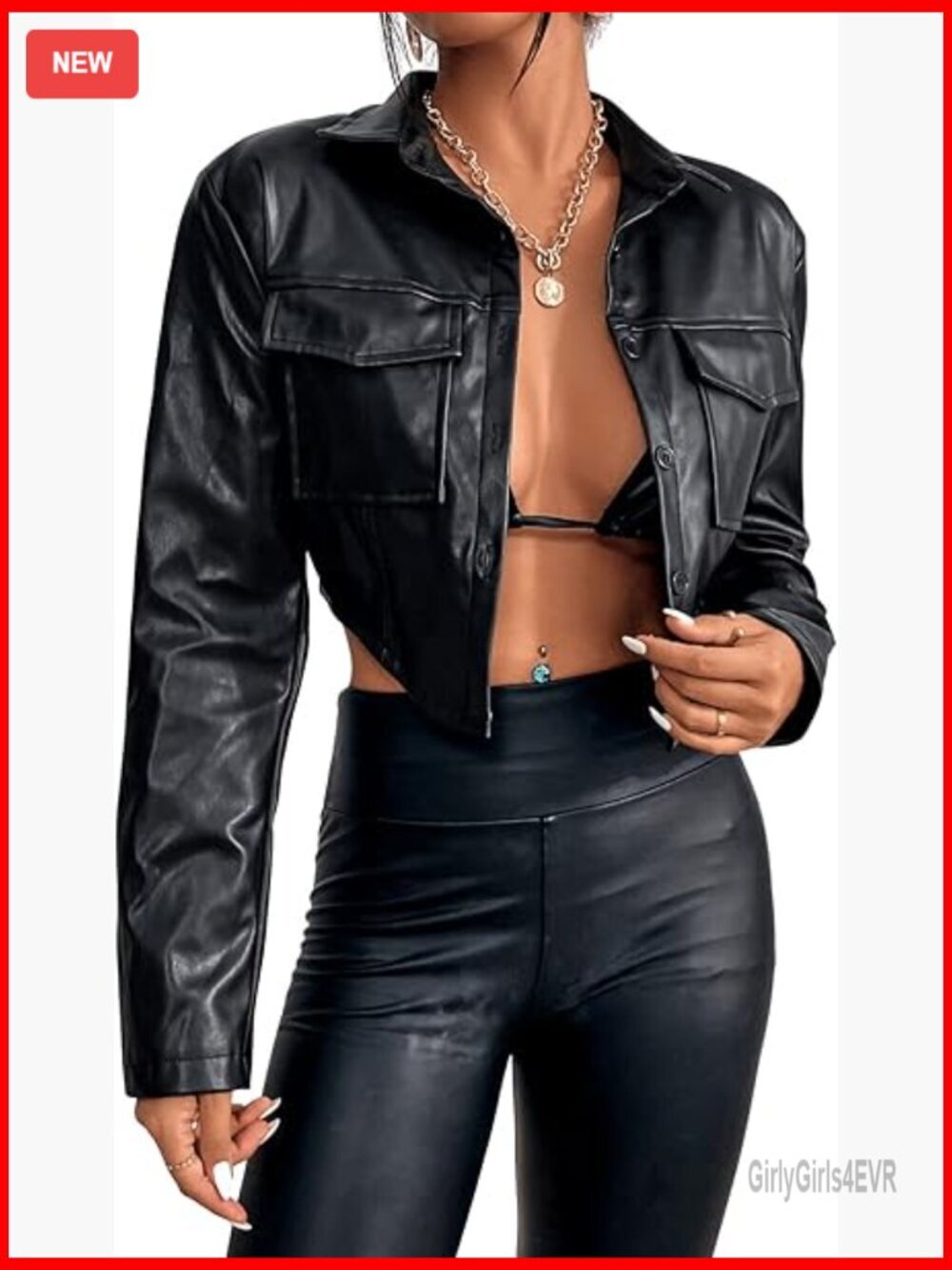 PU Leather Cropped Jacket Button Front Long Sleeve Casual Outerwear